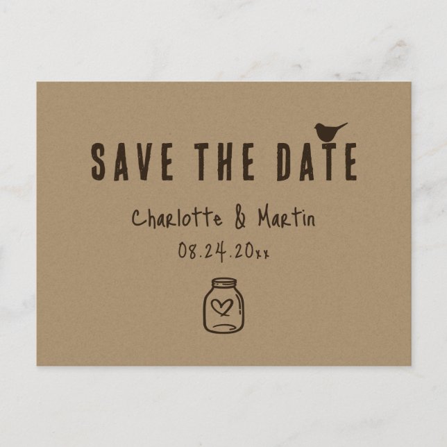 Carte Postale Faire-part Kraft Paper Heart Wedding Enregistrer La Date (Devant)