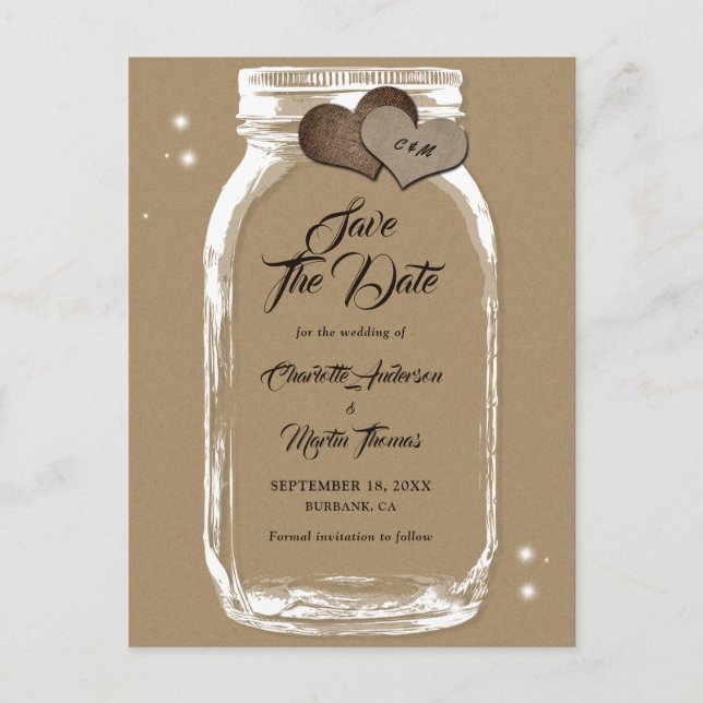 Carte Postale Faire-part Kraft Papier Mason Jar Mariage Enregistrer La Date (Devant)
