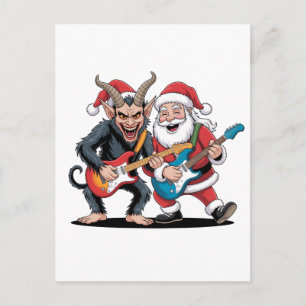 Carte Postale Faire-part Krampus et Santa jouant de la guitare électrique N
