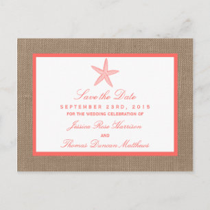 Carte Postale Faire-part La collection de mariages de Coral Starfish Burlap