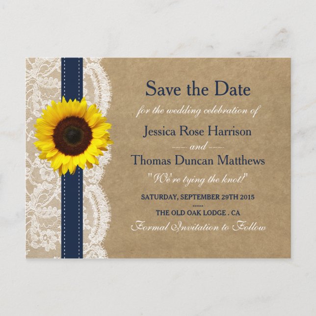 Carte Postale Faire-part La collection Kraft, Lace & Sunflower - Marine (Devant)