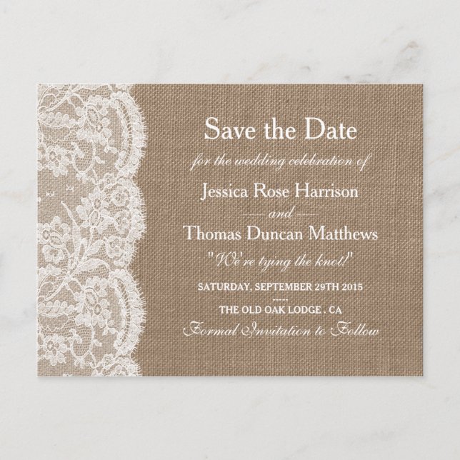 Carte Postale Faire-part La Collection Mariage Burlap & Lace Enregistrer La (Devant)