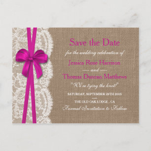 Carte Postale Faire-part La Collection Rustic Pink Bow Enregistrer La Date