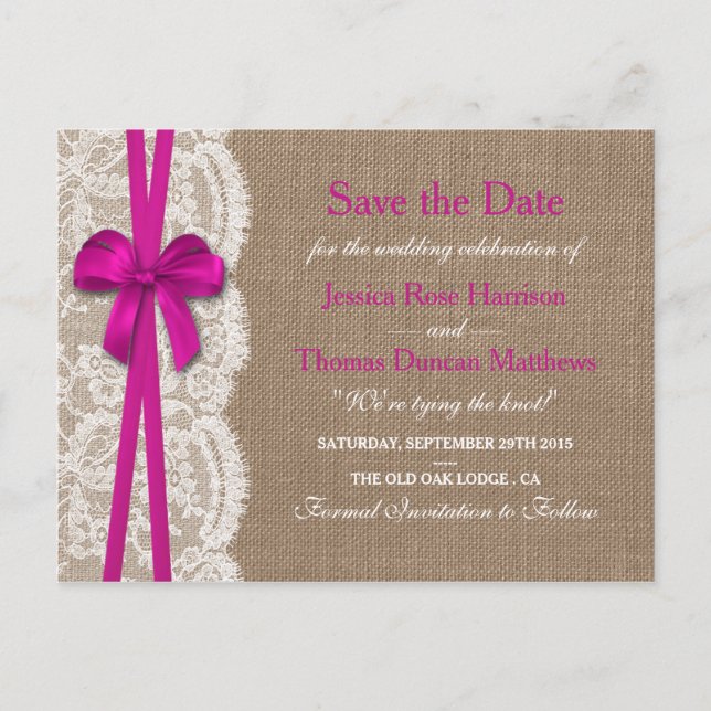 Carte Postale Faire-part La Collection Rustic Pink Bow Enregistrer La Date (Devant)