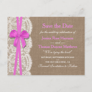 Carte Postale Faire-part La Collection Rustic Pink Bow Enregistrer La Date