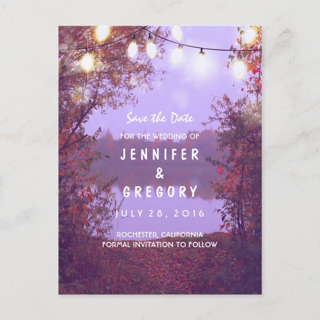 Carte Postale Faire-part Lac romantique et guirlande lumineuse, save the da (Devant)