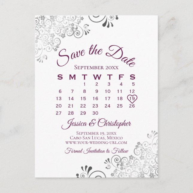 Carte Postale Faire-part Lacy Cassis Mariage violet Enregistrer le calendri (Devant)