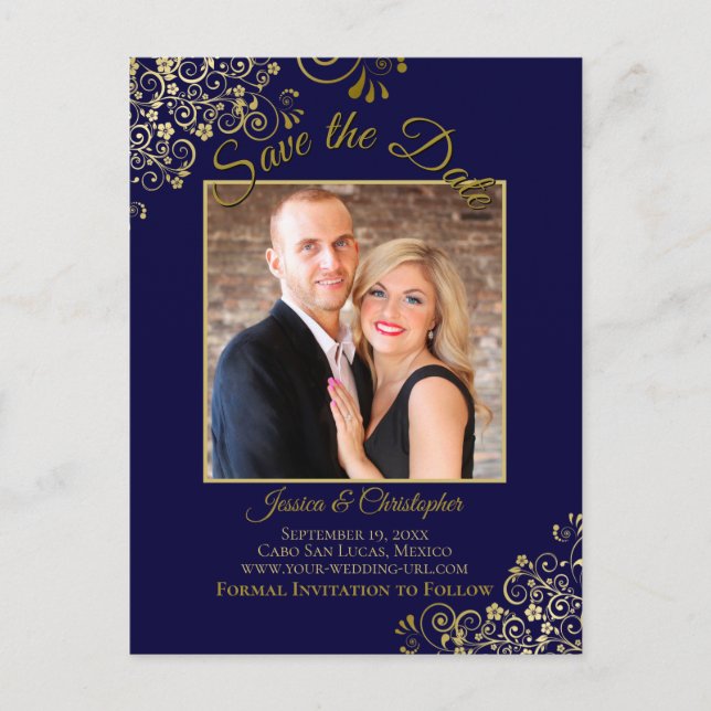 Carte Postale Faire-part Lacy Gold sur Marine Blue Wedding Save the Date Ph (Devant)
