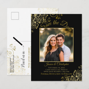 Carte Postale Faire-part Lacy Gold sur Photo de Mariage à Sauvegarder Black