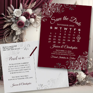 Carte Postale Faire-part Lacy Grey Burgundy Wedding Enregistrer la date Cal