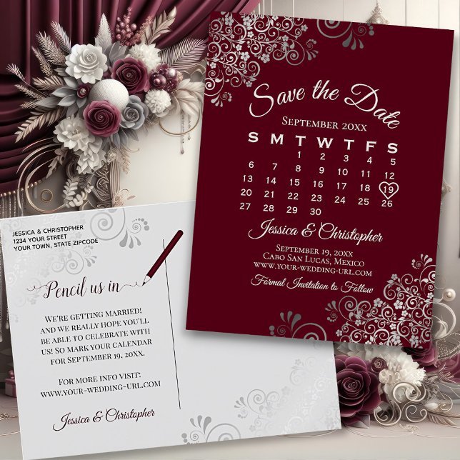 Carte Postale Faire-part Lacy Grey Burgundy Wedding Enregistrer la date Cal (Front/Back)