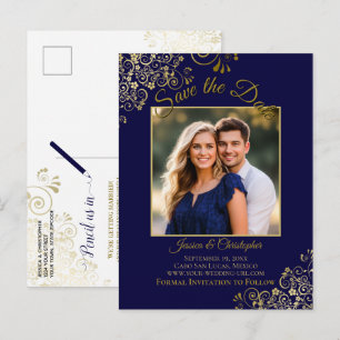 Carte Postale Faire-part Lacy Or sur Bleu Nuit Mariage Enregistrer la Date 