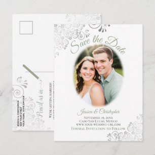 Carte Postale Faire-part Lacy Vert Sauge Mariage Enregistrer la Date Photo