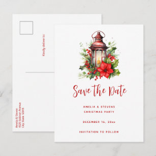 Carte Postale Faire-part Lanterne de Noël rouge Poinsettia et Pin