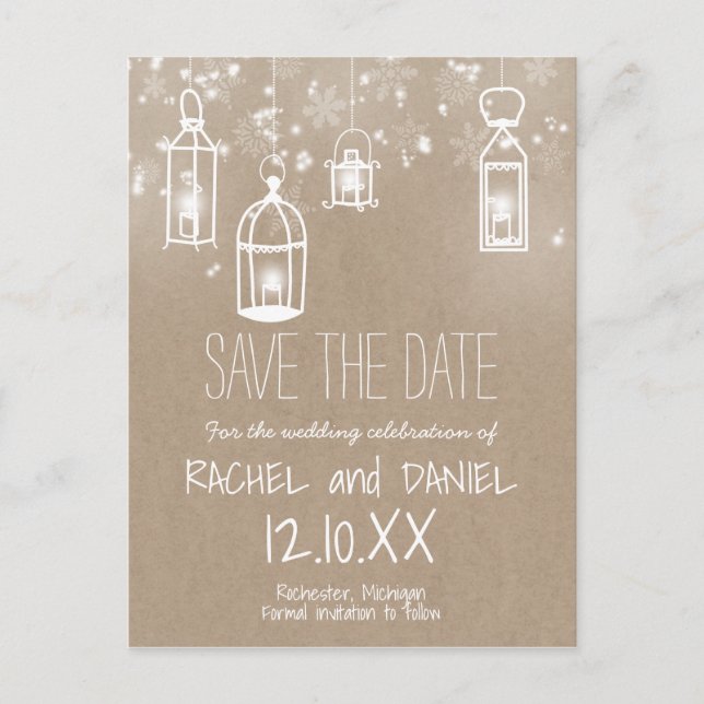 Carte Postale Faire-part Lanternes d'hiver kraft save the date (Devant)