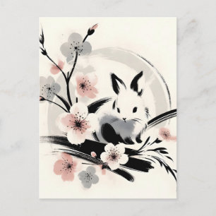 Carte Postale Faire-part Lapin à l'encre minimaliste Zen Cerisier en fleurs