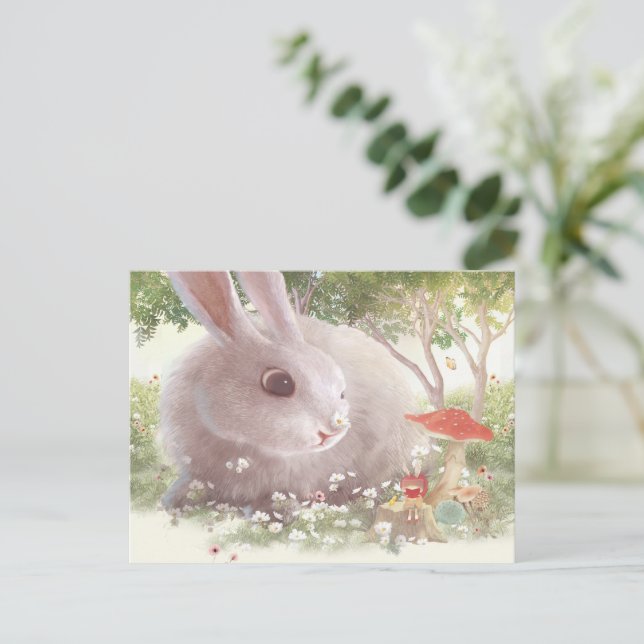 Carte Postale Faire-part Lapin avec des fleurs (Debout devant)