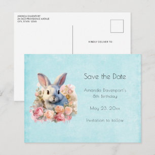 Carte Postale Faire-part Lapin avec une guirlande de roses Mignon