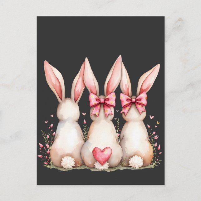 Carte Postale Faire-part Lapin Coquette à Queue de Coton Floral Pâques (Devant)