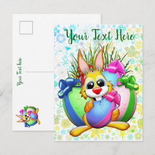 Carte Postale Faire-part Lapin drôle mordant un œuf de Pâques