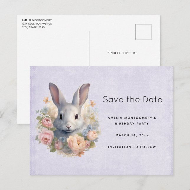 Carte Postale Faire-part Lapin entouré de fleurs pastel mignon (Devant / Derrière)