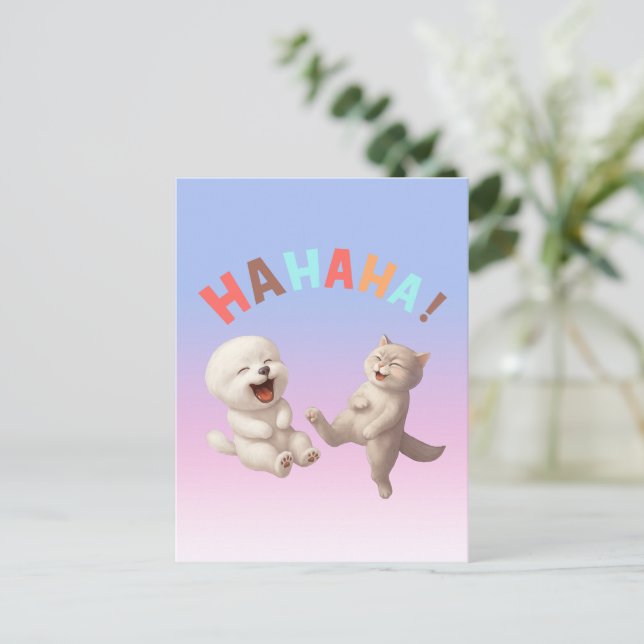 Carte Postale Faire-part Laughing Besties: HAHAHA! Smiling Bichon & Cat Art (Debout devant)