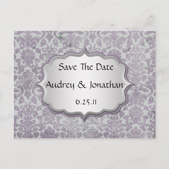 Carte Postale Faire-part Lavande Argent Grunge Damask Enregistrer La Date (Devant)