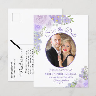 Carte Postale Faire-part Lavender Floral Oval Photo Wedding Enregistrer la