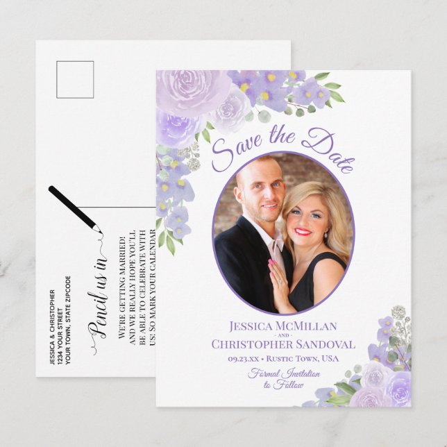 Carte Postale Faire-part Lavender Floral Oval Photo Wedding Enregistrer la  (Devant / Derrière)