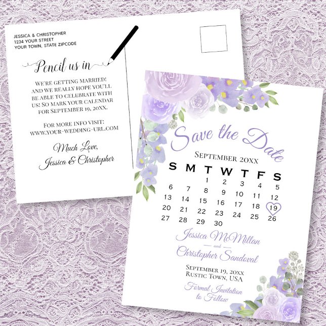 Carte Postale Faire-part Lavender Floral Wedding Enregistrer le calendrier  (Front/Back)