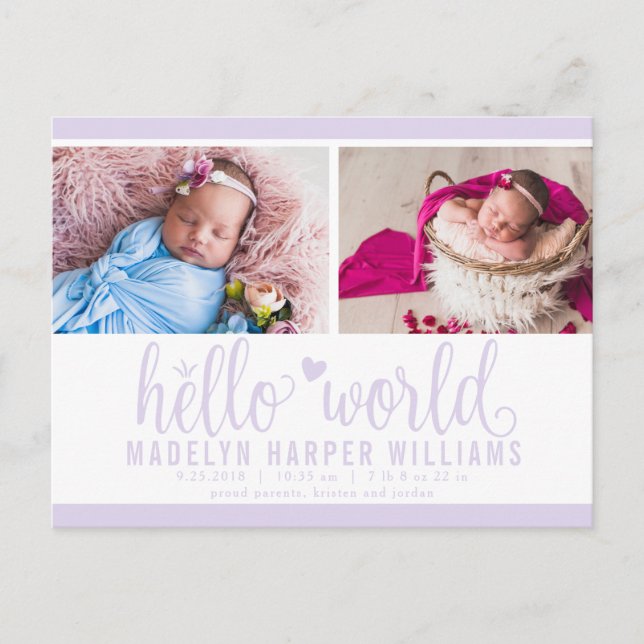 Carte Postale Faire-part Lavender Purple Hello World Photo Birth Stat (Devant)