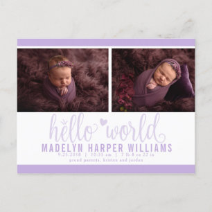 Carte Postale Faire-part Lavender Purple Hello World Photo Birth Stat