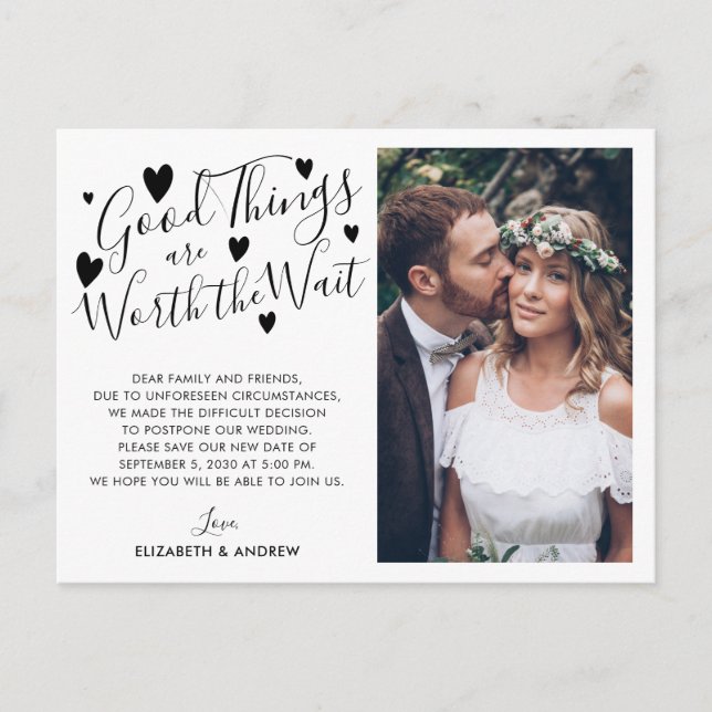 Carte Postale Faire-part Les bonnes choses valent l'attente Changer la date (Devant)