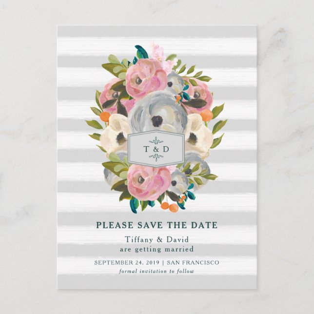 Carte Postale Faire-part Les fleurs d'aquarelle et les rayures grises font (Devant)