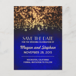 Carte Postale Faire-part les lumières vintages de ficelle de bleu et d'or