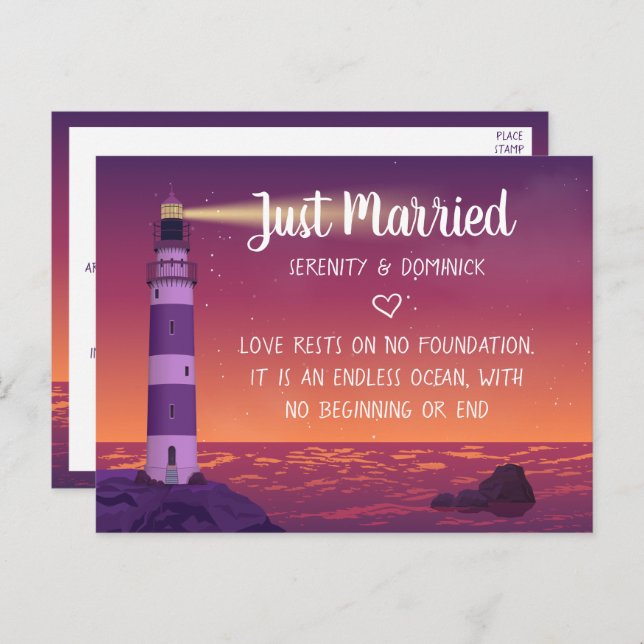 Carte Postale Faire-part `Lighthouse Ocean Nautical Juste Marié Mariage (Devant / Derrière)