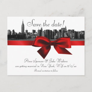 Carte Postale Faire-part Ligne d'horizon de NYC en noir et blanc, rouge fon