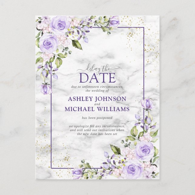 Carte Postale Faire-part Lilac Lavender Or Marbre Floral Retard La Date (Devant)