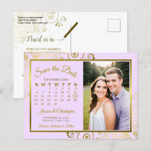 Carte Postale Faire-part Lilac Purple Gold Mariage Enregistrer Date Calendr