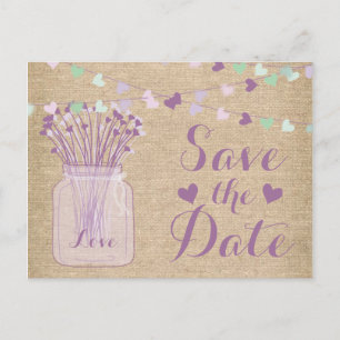 Carte Postale Faire-part Lilac Purple Mason Jar Burlap Lace Enregistrer la 