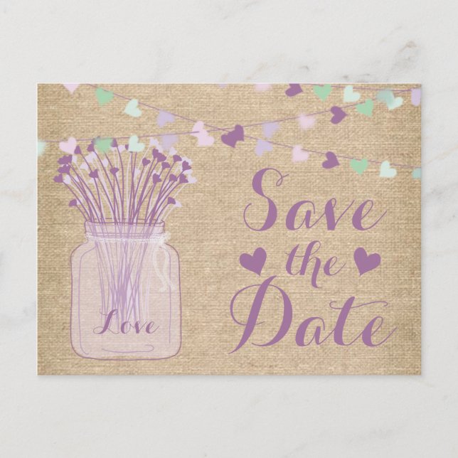Carte Postale Faire-part Lilac Purple Mason Jar Burlap Lace Enregistrer la  (Devant)