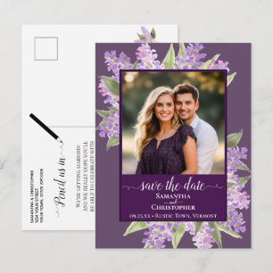 Carte Postale Faire-part Lilas aquarelle mariage photo date à retenir prune