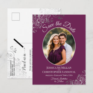 Carte Postale Faire-part Liseré argent sur photo de mariage magenta pour sa