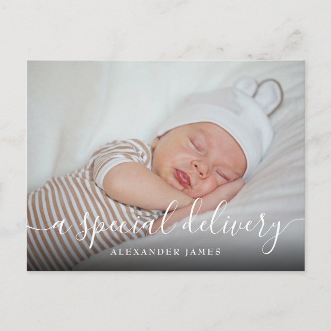 Carte Postale Faire-part Livraison spéciale Baby Boy Script photo Birth (Devant)
