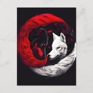 Carte Postale Faire-part Loup blanc rouge cramoisi de lune