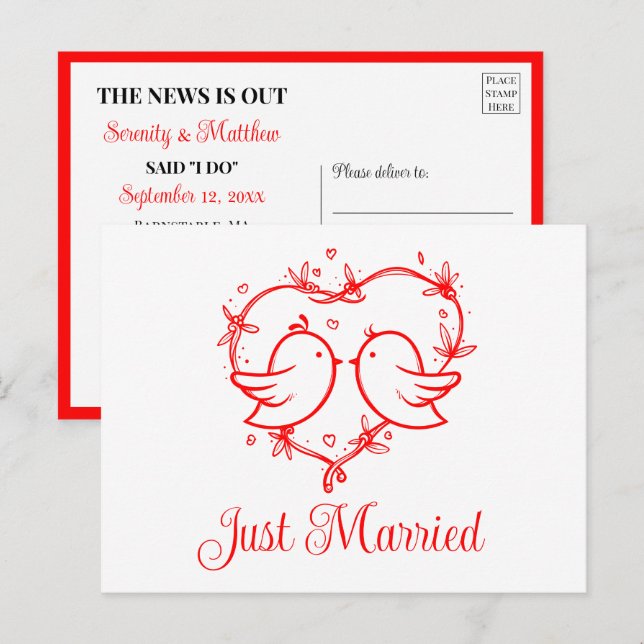 Carte Postale Faire-part Lovebirds Boho Red Love Heart Just Married Wedding (Devant / Derrière)