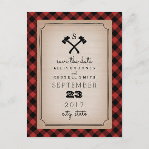 Carte Postale Faire-part Lumberjack Plaid Monogramme Ax Enregistrer La Date