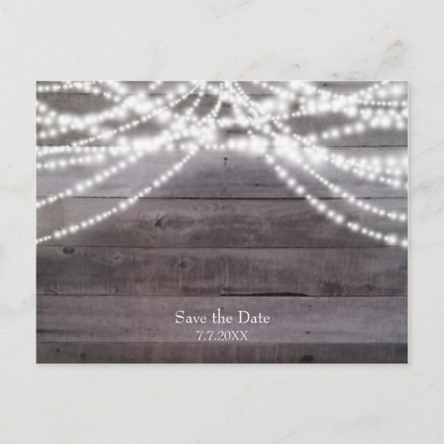 Carte Postale Faire-part Lumières blanches en ficelle et bois rustique Save (Devant)