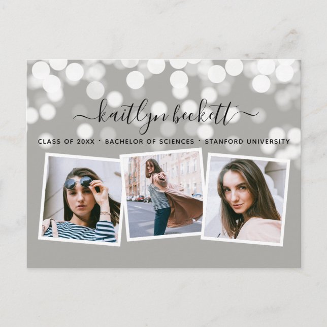 Carte Postale Faire-part Lumières Bokeh Modernes 3 Photo Remise de diplômes (Devant)