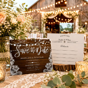Carte Postale Faire-part Lumières de Chaîne en Bois Rustique Mariage Enregi